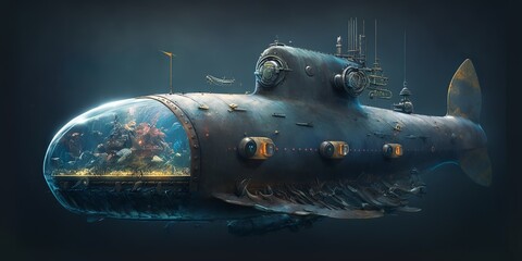 childish, goofy undewater nuclear submarine design illustration, - obrazy, fototapety, plakaty