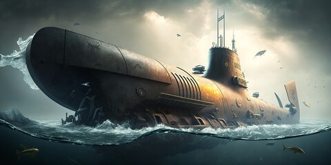 childish, goofy vintage battle submarine design illustration,