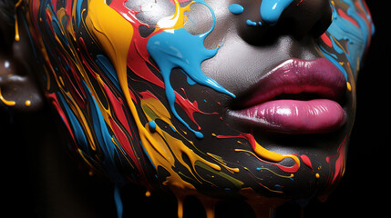 Dripping Rainbow Liquid Paint Paint Across the Shape of a Female Lips Close-Up Selective Focus