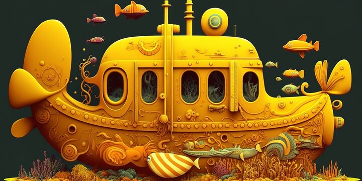 childish, goofy yellowish submarine design illustration,