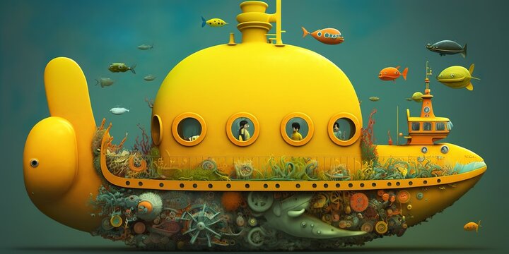 underwater childish, goofy yellow submarine design illustration,