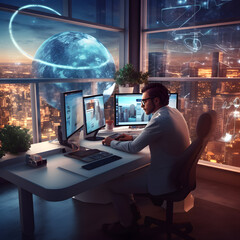 person using a computer to research a new technology advancement while sitting in a modern office with a realistic view of the future