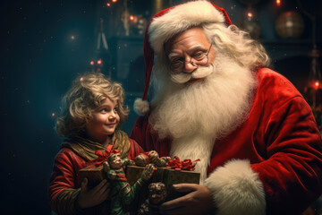 Fototapeta na wymiar a santa claus laughing in giving gift to a good child