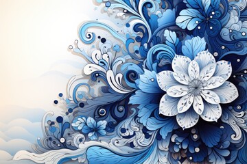 A blue and white floral design on a white background. Imaginary illustration. Winter flowers.
