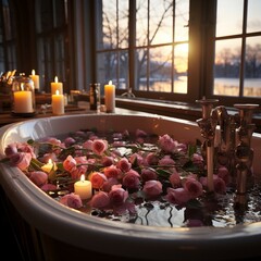 Bathtub with candles and some roses in front of windows