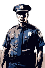 A drawing of a police officer in uniform. Imaginary illustration.