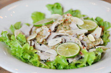 boiled pork salad, spicy pork salad with lettuce and lime or spicy salad