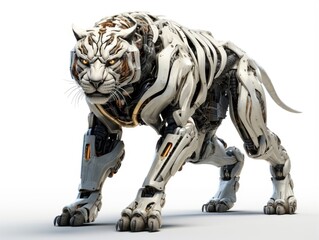 Fototapeta na wymiar A frightening futuristic killer cyborg tiger full body view isolated on white