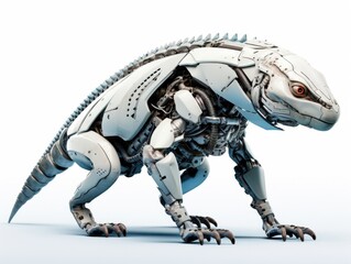 A frightening futuristic killer cyborg lizard full body view isolated on white
