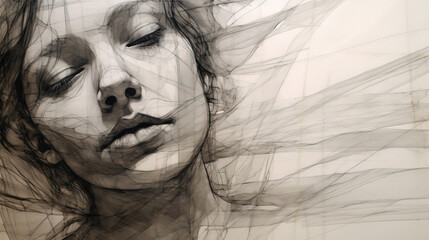 Portrait of Beautiful Woman Face Drawing by Hand with Black Ink Oblique Lines Driven on Paper Black and White Artwork