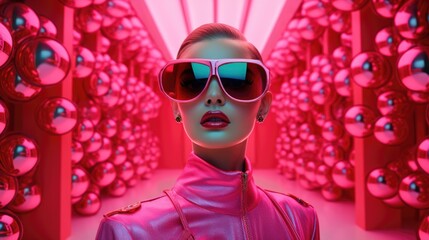 A woman in a pink leather jacket and sunglasses