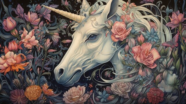 A painting of a unicorn surrounded by flowers