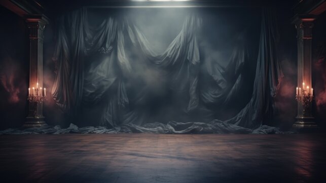 An empty stage with a curtain and candles