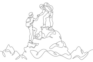 Climbers at the top. Climbing in the mountains in a group. Mountaineering. Mountain climb. Scenery. Hiker helping friend reach the mountain top. One continuous line. Linear. Hand drawn, white backgrou