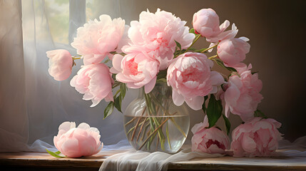 Beautiful peonies in a glass vase on a table