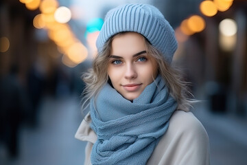 portrait of a Young Woman ion a Street in the winter, bokeh copy space