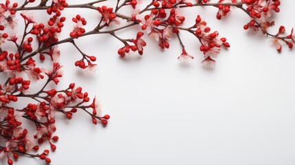 A branch with red and white flowers on it. Photorealistic AI. Floral background with copy-space.