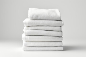 A stack of folded white towels on a table. AI image.