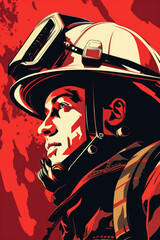 A fireman wearing a helmet and goggles. Imaginary illustration.