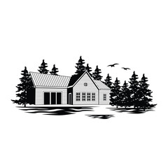 Vector illustration of a wooden house in a forest