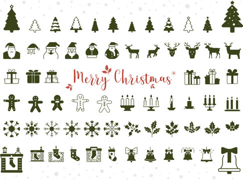 Christmas design elements, vector set, Christmas decorative, New Year holiday, Christmas tree icon set, santa-claus candles bell stocking reindeer gift box gingerbread-man  holly leaves snowflake