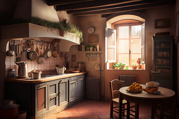 Interior of a typical Italian kitchen in a private house. AI generated.