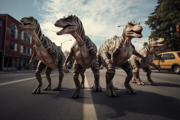 A group of fake dinosaurs walking down a street. Imaginary illustration.