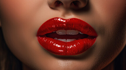 Deep Red Lipstick on Beautiful Girl Shiny Red Lips Close-Up Macro Photograph Selective Focus