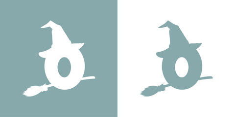 Icono cifra número 0 con silueta de sombrero de bruja volando en escoba. Logo para su uso en invitaciones y tarjetas de Halloween © teracreonte