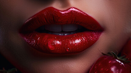 Deep Red Lipstick on Women's Cherry Red Lips Close-Up Macro Photograph Selective Focus