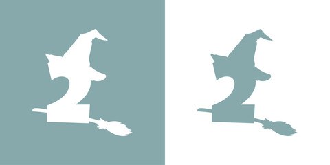Icono cifra número 2 con silueta de sombrero de bruja volando en escoba. Logo para su uso en invitaciones y tarjetas de Halloween © teracreonte