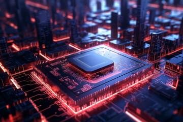 High-tech city concept rendering, close-up of circuit board chip, future city, smart city concept, artificial intelligence