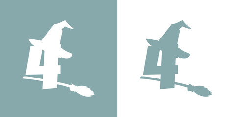 Icono cifra número 4 con silueta de sombrero de bruja volando en escoba. Logo para su uso en invitaciones y tarjetas de Halloween © teracreonte