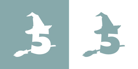 Icono cifra número 5 con silueta de sombrero de bruja volando en escoba. Logo para su uso en invitaciones y tarjetas de Halloween © teracreonte