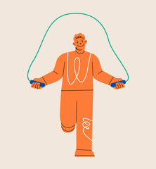 Young man jump with skipping rope. Fitness exercise with jumping rope. Colorful vector illustration