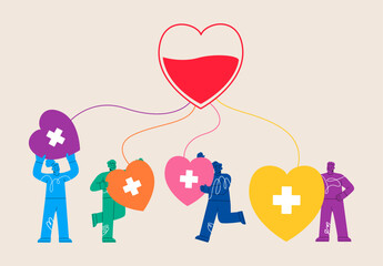Female and male volunteers donate blood,  world blood donor day. Colorful vector illustration