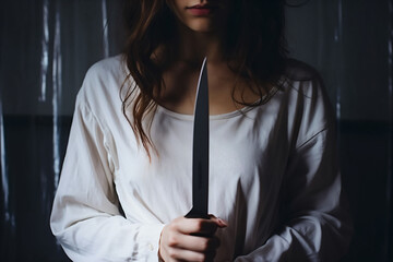 Naklejka premium A girl holds a knife in her hand and wants to hurt herself, suicidal or self-harm tendencies in depressive disorder, depression, bipolar disorder, mania, mental illness, suicidal tendencies, despair