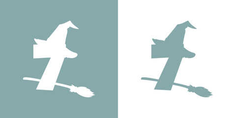 Icono cifra número 7 con silueta de sombrero de bruja volando en escoba. Logo para su uso en invitaciones y tarjetas de Halloween © teracreonte