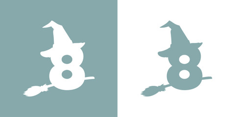 Icono cifra número 8 con silueta de sombrero de bruja volando en escoba. Logo para su uso en invitaciones y tarjetas de Halloween