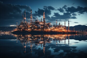 Close up details of industrial oil refinery plant. Dusk view of petroleum manufacturing facility