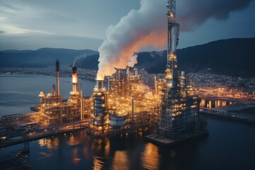 Close up details of industrial oil refinery plant. Dusk view of petroleum manufacturing facility - obrazy, fototapety, plakaty