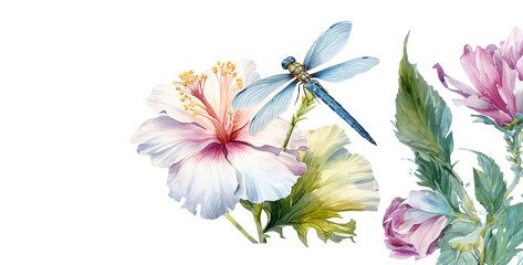 a dragonfly perched on a white hibiscus flower, bouquet of flowers. Generative Ai content wallpaper