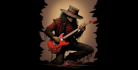 boy playing guitar like a rockstar cartoon, halloween witch with a broom. Generative Ai content wallpaper