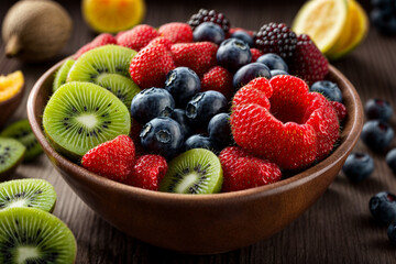 Mixed fresh fruits (strawberry, raspberry, blueberry, kiwi, mango) in a bowl, placed on table