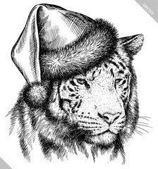 Obraz premium Vintage engraving isolated tiger set dressed christmas illustration ink santa costume sketch. Africa wild cat background animal silhouette new year hat art. Black and white hand drawn vector image