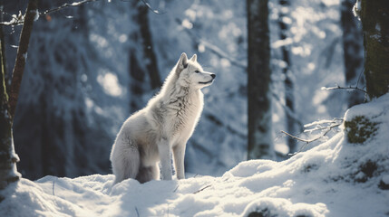 In the middle of a shady mountain forest, a snow wolf.