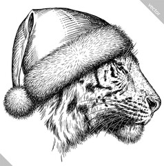 Vintage engraving isolated tiger set dressed christmas illustration ink santa costume sketch. Africa wild cat background animal silhouette new year hat art. Black and white hand drawn vector image