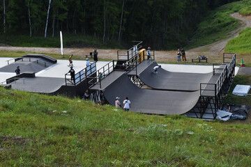 Sapporo Japan October 1 2023 The outdoor skateboarding playground with young tourists around