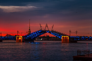 Open Palace Bridge in St. Petersburg on a white night.