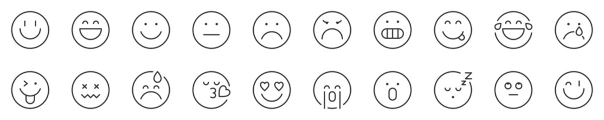 Emojis, thin line icon set. Symbol collection in transparent background. Editable vector stroke. 512x512 Pixel Perfect.